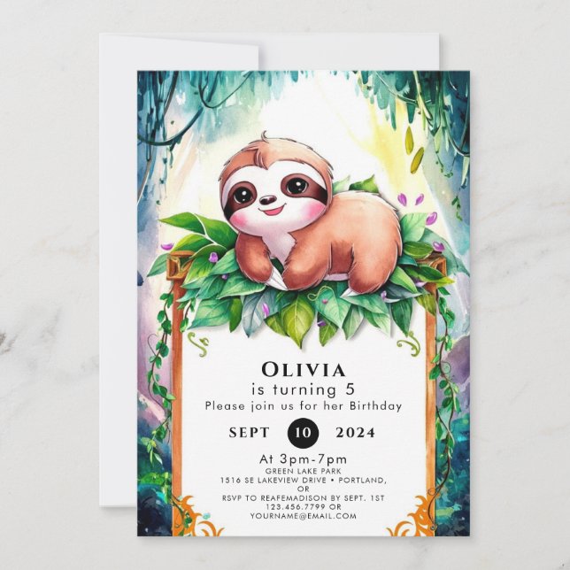 Invitation Whimsical Kids Slothday (Devant)
