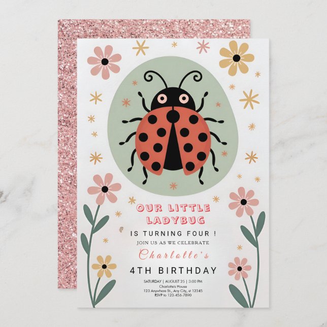 Invitation Whimsical Ladybug Birthday (Devant / Derrière)