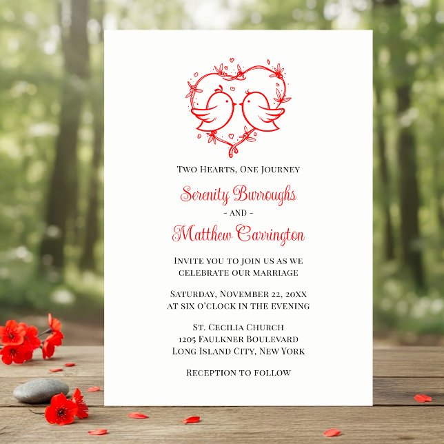 Invitation Whimsical Lovebirds Boho Red Love Heart Wedding  (Créateur téléchargé)