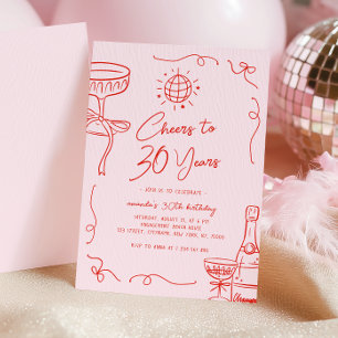 Invitation Whimsical main française tiré rose rouge 30e anniv