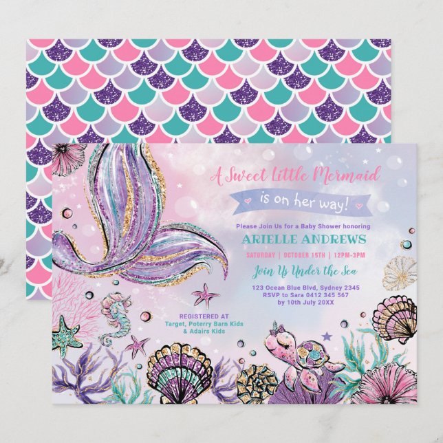 Invitation Whimsical Mermaid Pool Party Ocean Sea Baby shower (Devant / Derrière)