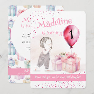 Invitation Whimsical mignonne fille 1er anniversaire Balloon 