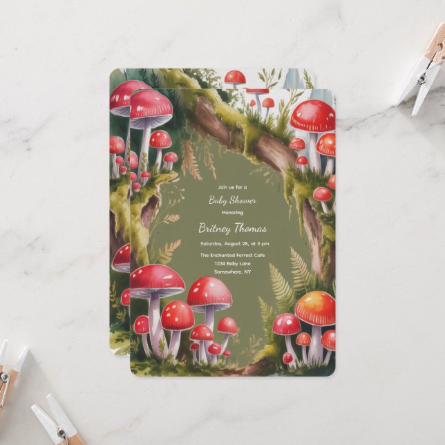 Invitation Whimsical Mushroom Baby Shower  (Devant/Arrière en situation)