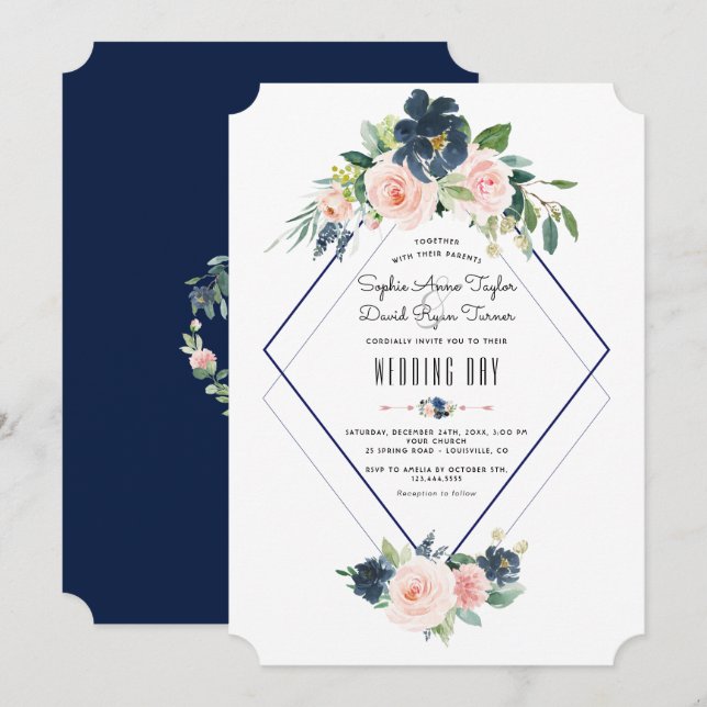 Invitation Whimsical Navy Blue Blush Floral Mariage (Devant / Derrière)