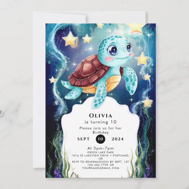 Invitation Whimsical Ocean sous-marine Tortue Anniversaire (Devant)
