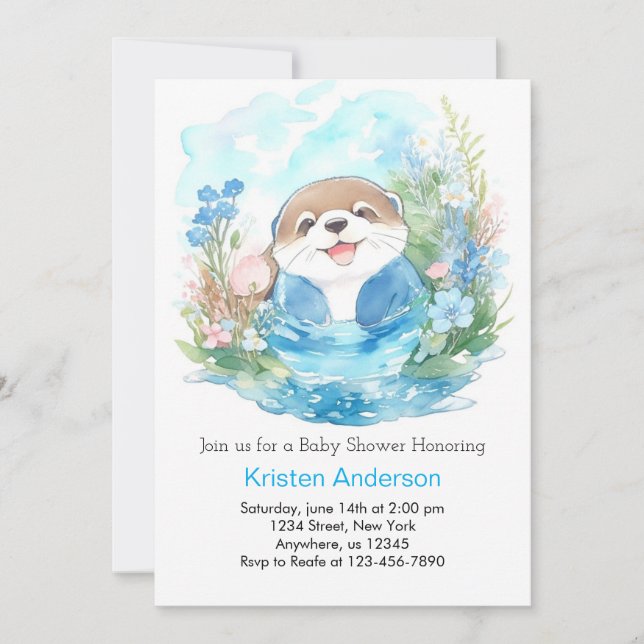 Invitation Whimsical Otter Aquarelle Baby shower garçon (Devant)