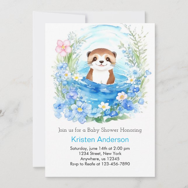 Invitation Whimsical Otter's Watercolor Boy Baby shower (Devant)