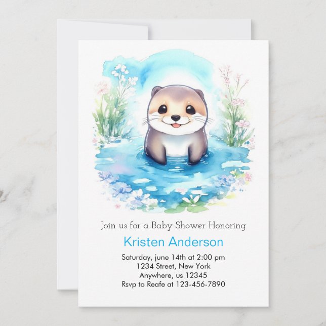 Invitation Whimsical Otter's Watercolor Boy Baby shower (Devant)