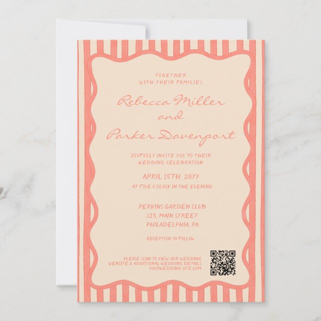 Invitation Whimsical Painted Pinstripes Wedding QR Code (Devant)