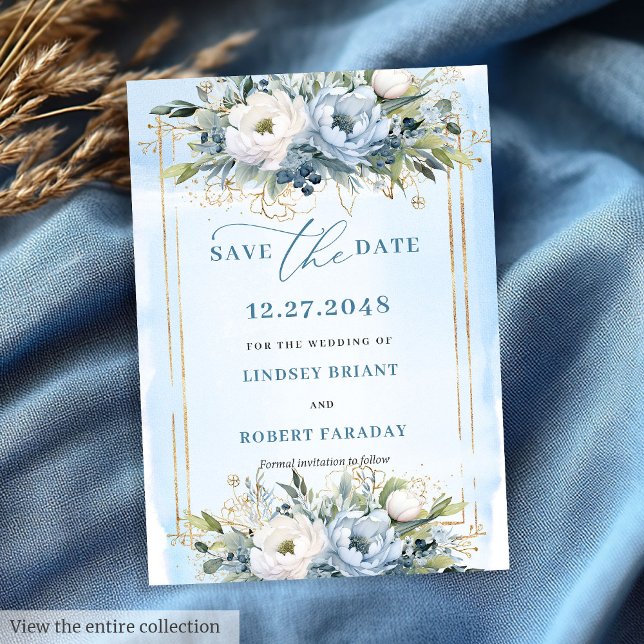 Invitation Whimsical Pastel Blue White Gold Flowers Enregistr (Whimsical Pastel Blue White Gold Flowers Save The Date)