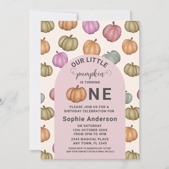 Invitation Whimsical Pastel Citrouille fête d'anniversaire (Devant)