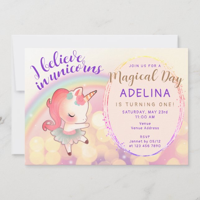 Invitation Whimsical Pastel Croire En Unicorns 1er Anniversai (Devant)