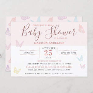 Invitation Whimsical Pastel rose papillon Baby shower fille