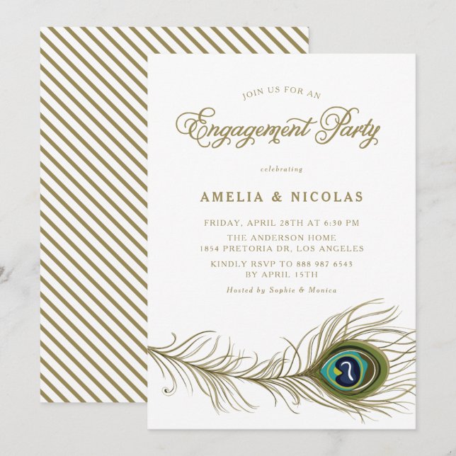 Invitation Whimsical Peacock Feather Engagement Party (Devant / Derrière)