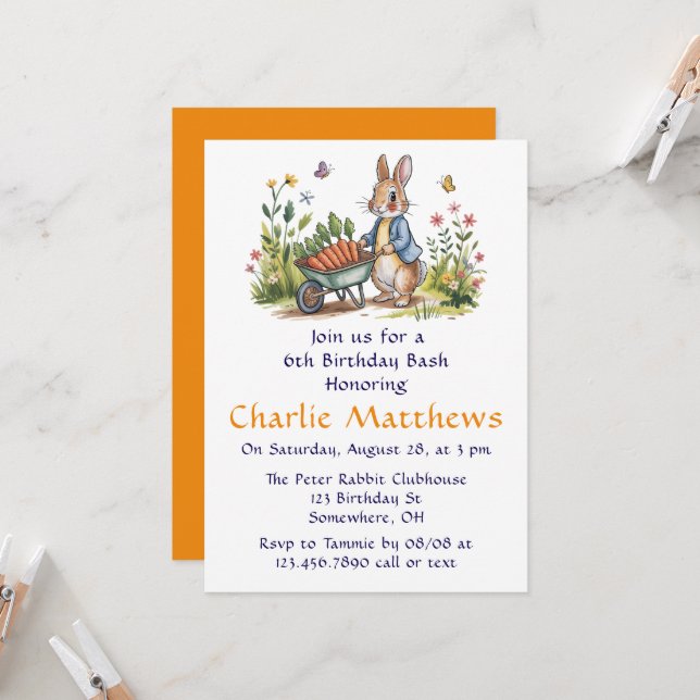 Invitation Whimsical Peter Rabbit garçon Anniversaire Bash (Devant/Arrière en situation)