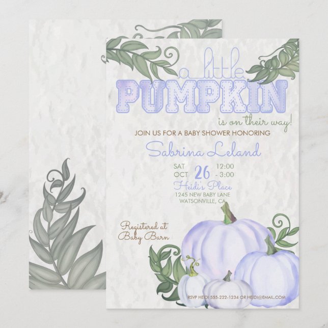 Invitation Whimsical Petit Citrouille Violet Baby shower fill (Devant / Derrière)