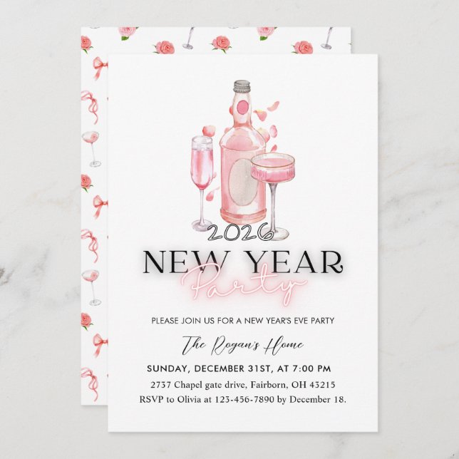 Invitation Whimsical Pink 2026 New Year Party (Devant / Derrière)