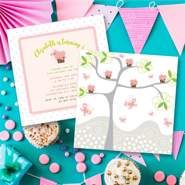 Invitation Whimsical Pink Cupcakes Tree Sweet Girl'anniversai (Whimsical Pink Cupcakes Tree Sweet Girl's Birthday Party Invitation @ fat_fa_tin)