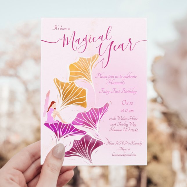 Invitation Whimsical Pink Fairy Premier Anniversaire Magique (Créateur téléchargé)