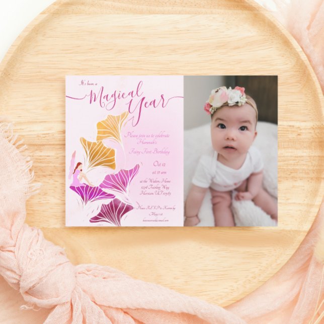 Invitation Whimsical Pink Fairy Premier photo Anniversaire (Créateur téléchargé)