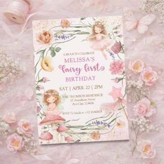 Invitation Whimsical Pink Floral Fairy First Garden Birthday 