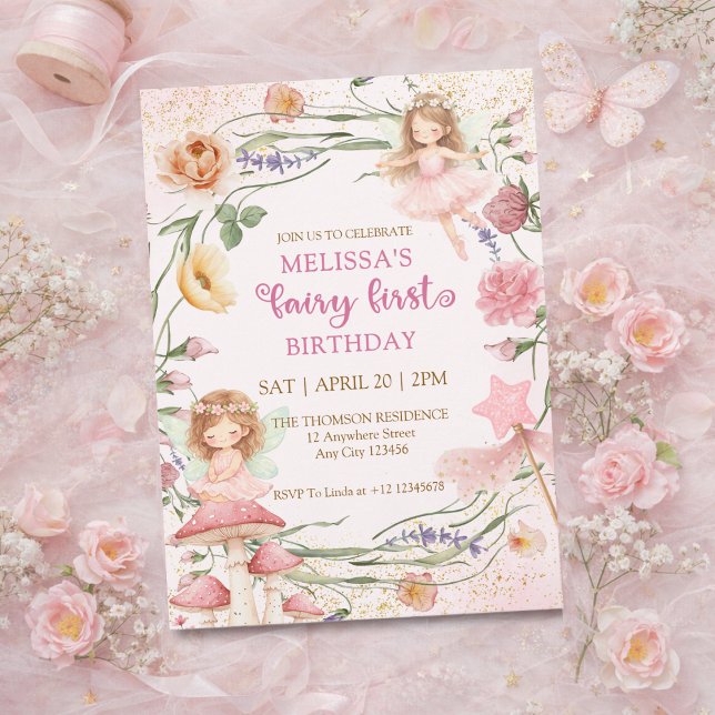 Invitation Whimsical Pink Floral Fairy First Garden Birthday  (Créateur téléchargé)
