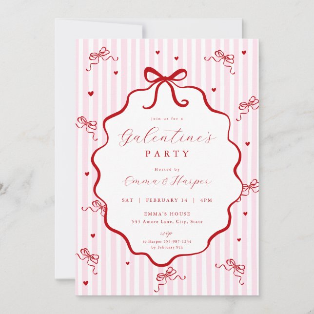 Invitation Whimsical Pink Red Bow Heart Galentine's Party (Devant)