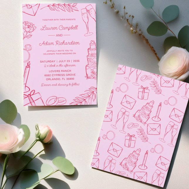 Invitation Whimsical Pink & Red Hand-Drawn Wedding (Créateur téléchargé)