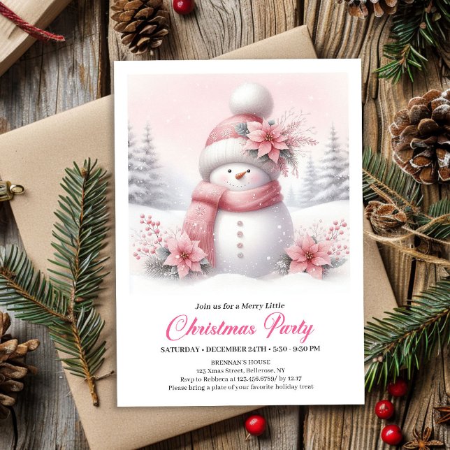 Invitation Whimsical Pink Snowman Digital Christmas Invite  (Whimsical Pink Snowman Digital Christmas Invite for Kids)
