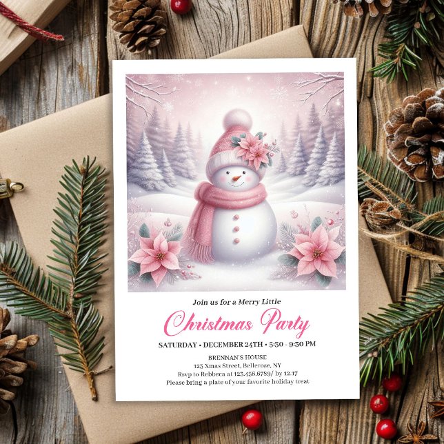 Invitation Whimsical Pink Snowman Editable Christmas Kids  (Whimsical Pink Snowman Editable Christmas Kids Invite File)