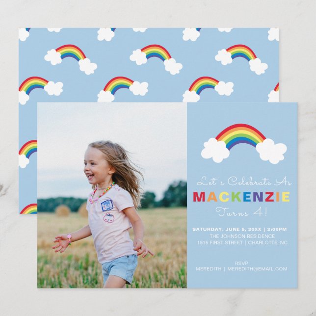 Invitation Whimsical Preppy Photo Girl Rainbow Birthday Party (Devant / Derrière)