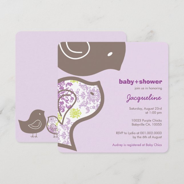 Invitation Whimsical Purple Damask Chicks Baby shower Invitat (Devant / Derrière)