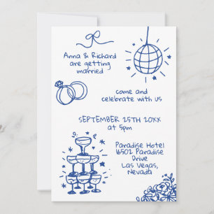 Invitation Whimsical Quirky French Doodle photo Mariage bleu