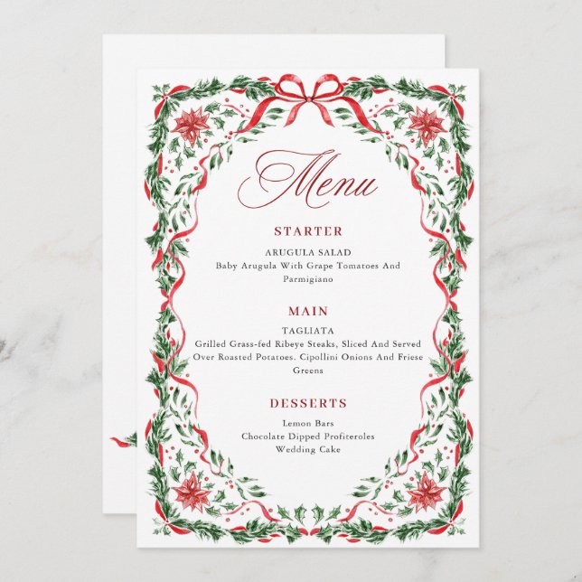 Invitation Whimsical Red Bow Printable Christmas Menu Card (Devant / Derrière)
