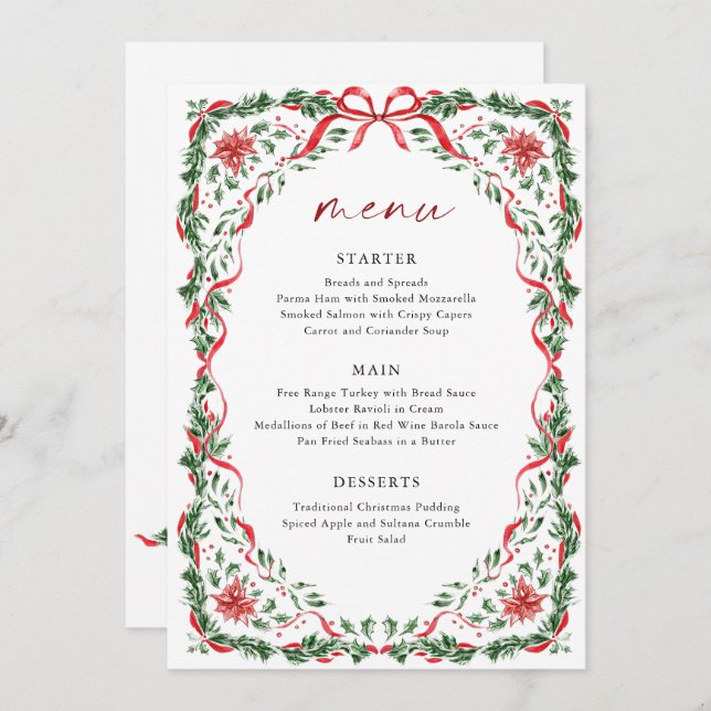 Invitation Whimsical Red Bow Printable Christmas Menu Card (Devant / Derrière)