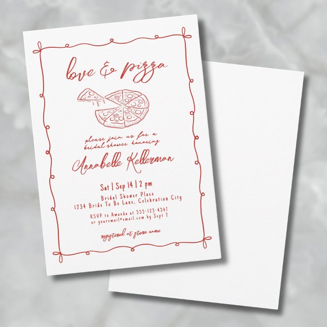 Invitation Whimsical Red Love Pizza Fête des mariées tirée à  (Whimsical Red Love Pizza Hand Drawn Bridal Shower Invitation)