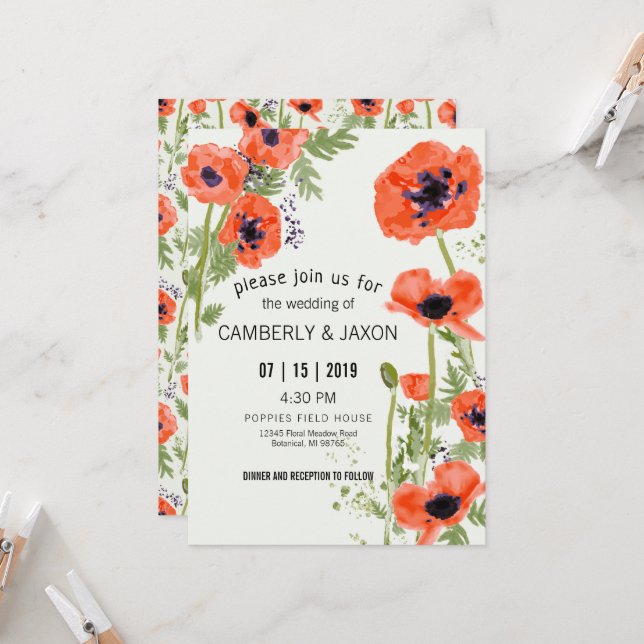 Invitation Whimsical Red Orange Poppies Mariage d'aquarelle (Devant/Arrière en situation)