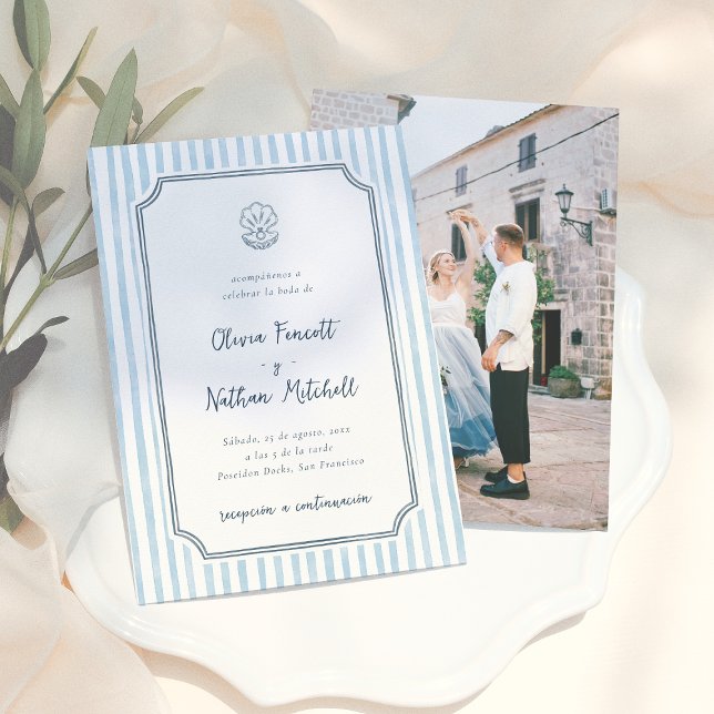 Invitation Whimsical Retro Blue Stripes Spanish Wedding (Créateur téléchargé)