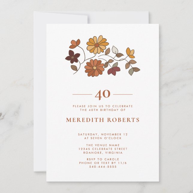 Invitation Whimsical Retro Boho Floral 40e anniversaire (Devant)