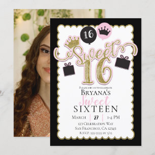 Invitation Whimsical Rose Black Sweet 16 Photo Anniversaire