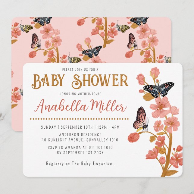 Invitation Whimsical rose Boho Butterfly Baby shower fille (Devant / Derrière)