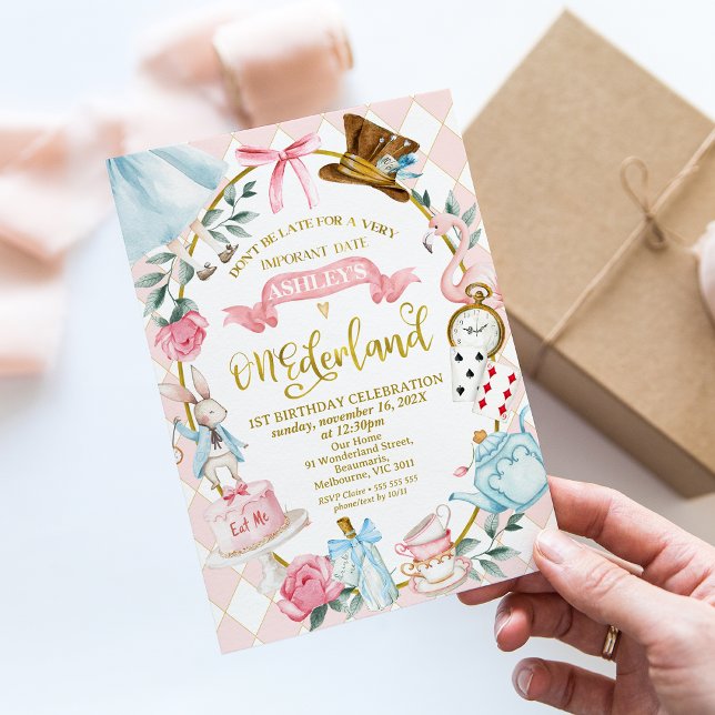 Invitation Whimsical Rose Bow Alice Onederland 1er anniversai (Whimsical Alice In Onederland 1st Birthday Invitation, Pink Bow, One-derland Birthday Invitation )