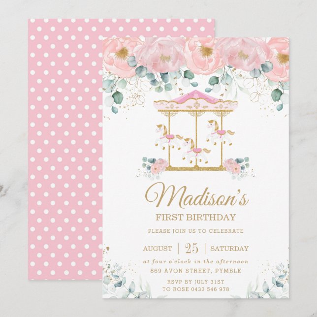 Invitation Whimsical Rose Floral Carousel 1ère fête d'anniver (Devant / Derrière)