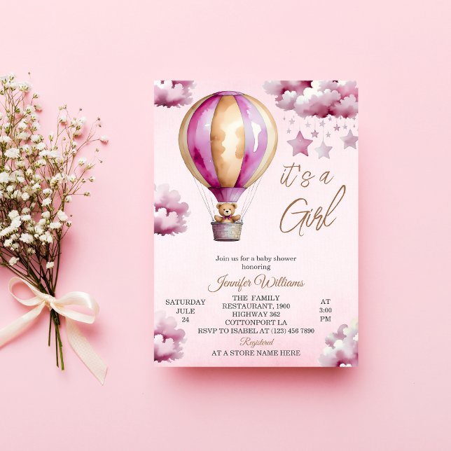 Invitation Whimsical Rose Hot Air Balloon Baby shower fille (Créateur téléchargé)