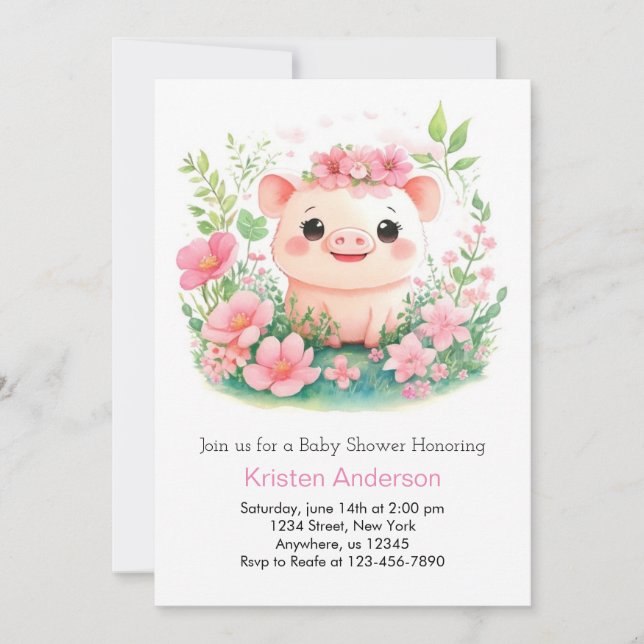 Invitation Whimsical rose Piglet Aventure Baby shower fille (Devant)