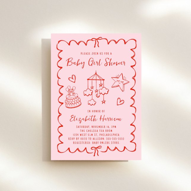 Invitation Whimsical rose rouge Wavy Frame Baby Girl Douche (Créateur téléchargé)