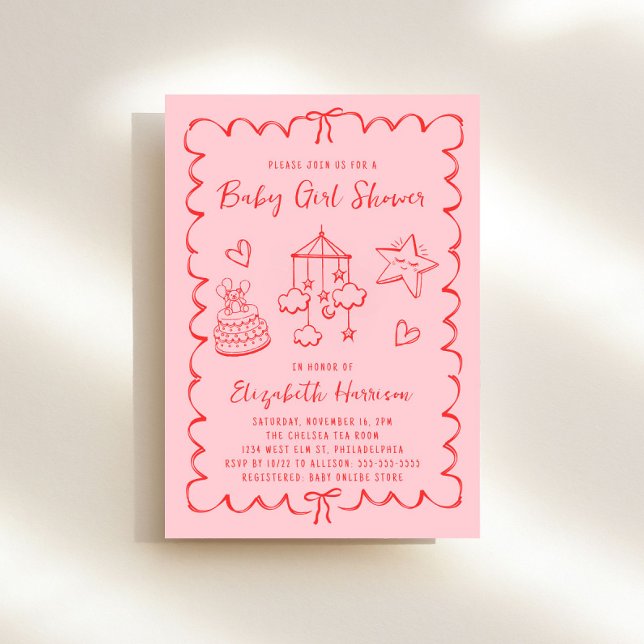 Invitation Whimsical rose rouge Wavy Frame Baby Girl Douche (Créateur téléchargé)