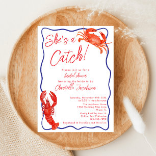Invitation Whimsical She's a Catch Red Coastal Fête des marié