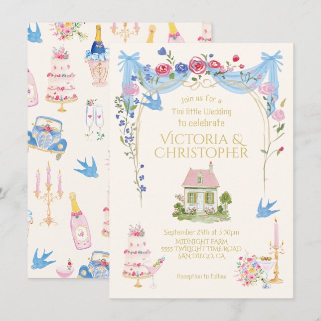 Invitation Whimsical Tini little Wedding cottage (Devant / Derrière)