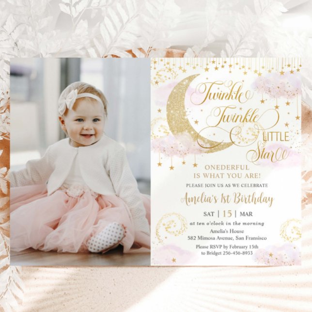 Invitation Whimsical Twinkle Little Star Rose 1er anniversair (Créateur téléchargé)